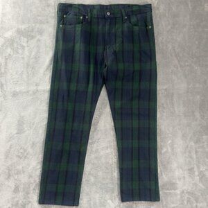 Levis 502 Jeans Mens 34x30 Green Blue Black Watch Tartan Plaid Taper Fit Denim